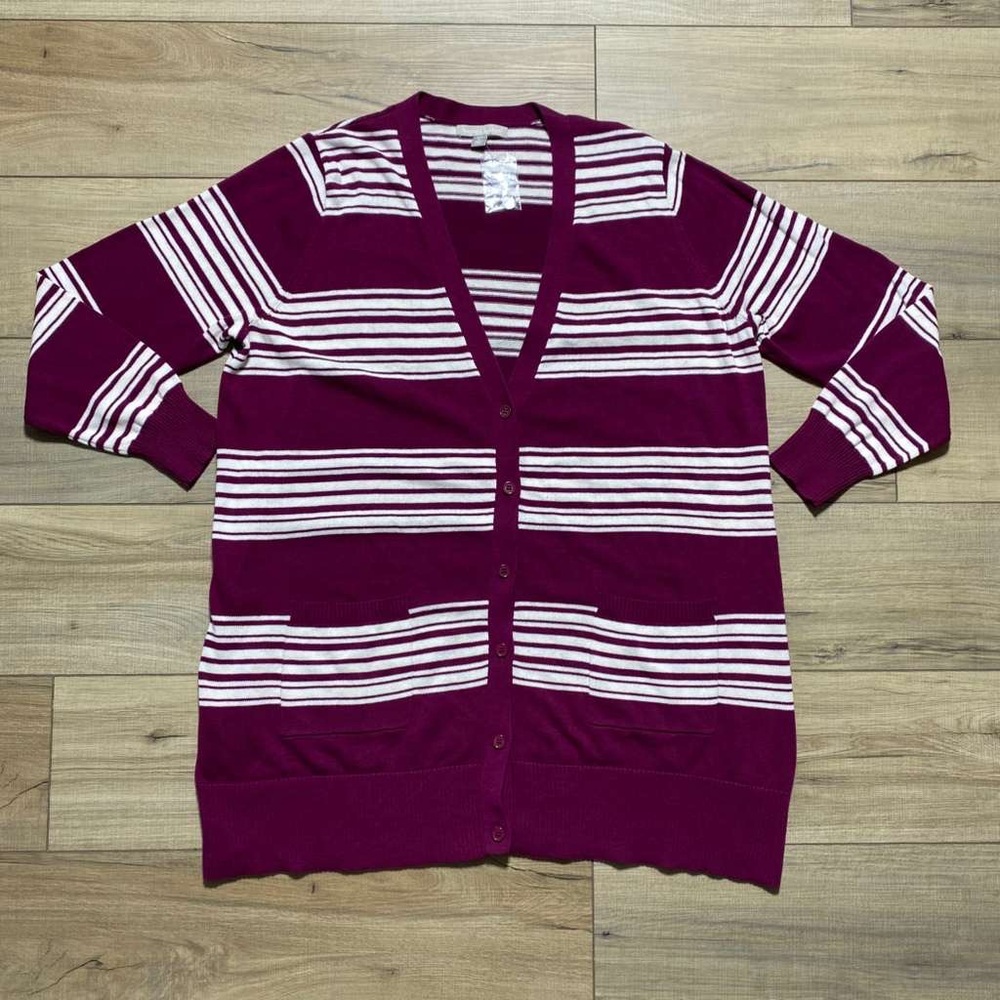Woman Within Womens Striped Button Up Long Sleeve Cardigan Size M 14/16 Purple